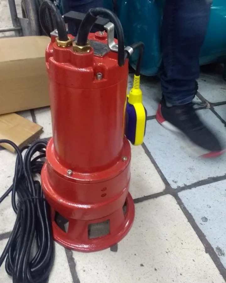 Bomba sumergible roja con flotador y cable listos para instalar