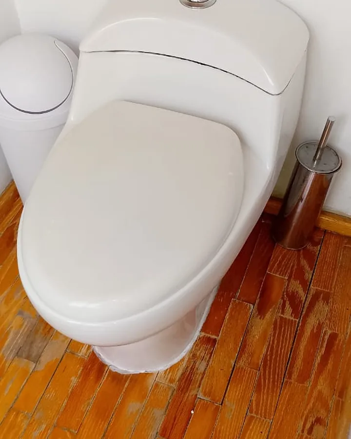 WC de una pieza instalado sobre piso de madera